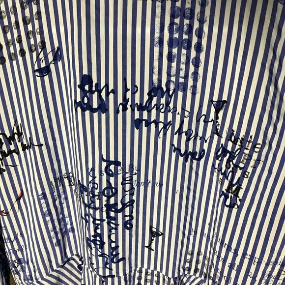 Chicos size 3 = XL blue stripe script print button down top blouse long sl - Picture 6 of 7